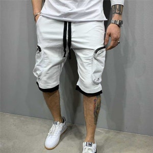 Men's Loose Shorts Multi-Pocket Style Streetwear Hip Cargo Short White