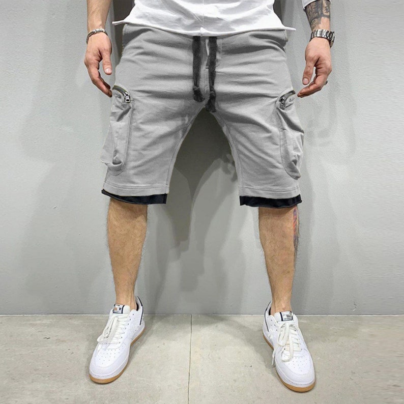 Men's Loose Shorts Multi-Pocket Style Streetwear Hip Cargo Short Gray