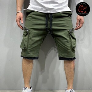 Men's Loose Shorts Multi-Pocket Style Streetwear Hip Cargo Short Green