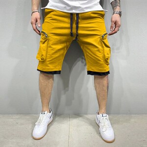 Men's Loose Shorts Multi-Pocket Style Streetwear Hip Cargo Short Yellow
