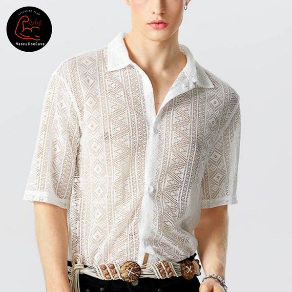 Camisas transparentes con botones de encaje y manga corta con solapa ropa de calle ropa para hombres Etsy Espana