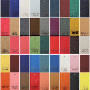 Peut inclure: Un nuancier de 64 &eacute;chantillons de cuir de diff&eacute;rentes couleurs avec leurs noms et traductions en anglais et en chinois. Les &eacute;chantillons sont dispos&eacute;s en grille.