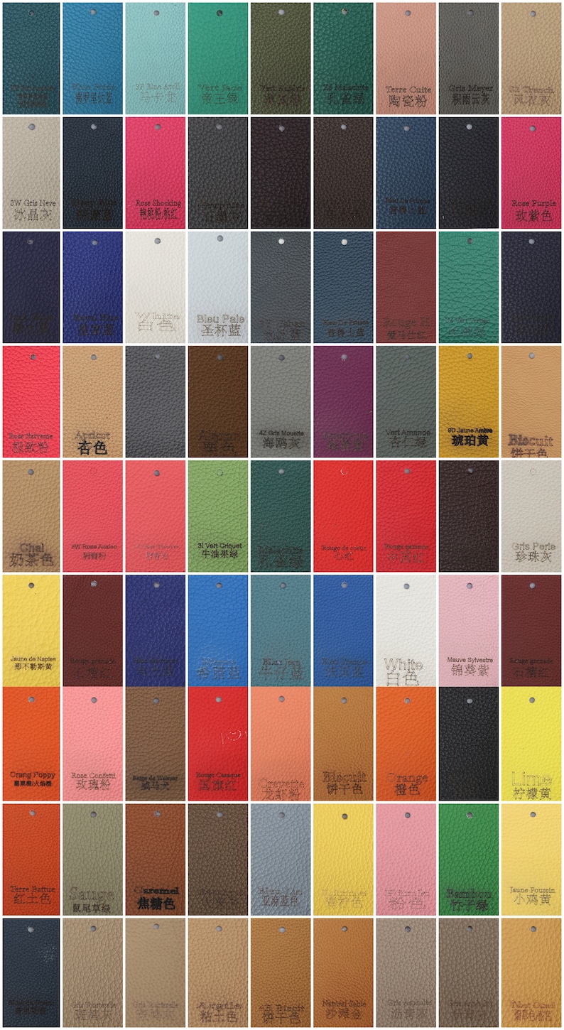 Peut inclure: Un nuancier de 64 &eacute;chantillons de cuir de diff&eacute;rentes couleurs avec leurs noms et traductions en anglais et en chinois. Les &eacute;chantillons sont dispos&eacute;s en grille.