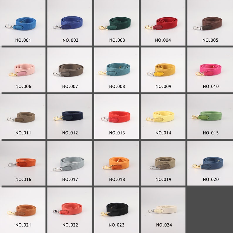 May include: Twenty-four different colored leather straps with gold hardware. The straps are arranged in four rows of six straps each. The straps are all the same size and shape. The straps are numbered from 001 to 024.
