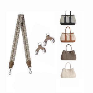 May include: A long, beige and brown herringbone patterned fabric shoulder strap with brown leather ends and silver-tone metal swivel clips, two brown leather attachment tabs with silver hardware, and four tote bags in black, tan, taupe, and cream.