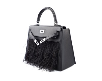 Custom and Handmade Black Swift leather with Black SWAN Kelly bag Cover — protective cover compatible with  Birkin bags