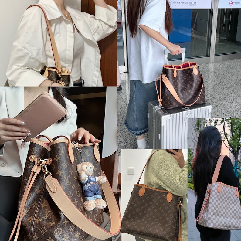 May include: Four different people are shown carrying various styles of Louis Vuitton handbags. The handbags are all in the signature brown and tan monogram pattern. One handbag is a tote bag, one is a bucket bag, and two are shoulder bags.
