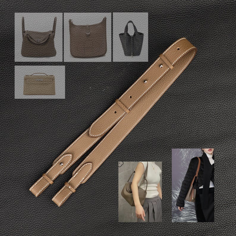 Peut inclure: Une bandouli&egrave;re en cuir marron avec des coutures blanches. La bandouli&egrave;re est r&eacute;glable et poss&egrave;de une fermeture &agrave; boucle. La bandouli&egrave;re convient &agrave; un sac &agrave; main ou &agrave; un sac fourre-tout.