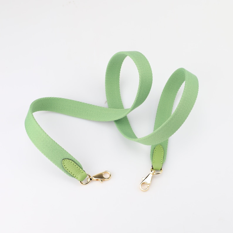 May include: A light green canvas strap with gold metal clasps and leather accents. The strap is designed for a bag or purse.