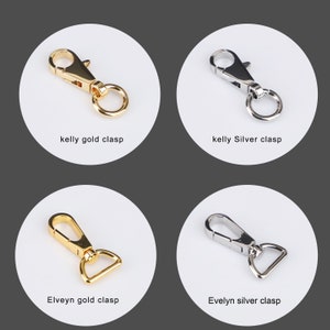 May include: Four different types of metal clasps for bags. The top left clasp is gold and has a round ring. The top right clasp is silver and has a round ring. The bottom left clasp is gold and has a D-shaped ring. The bottom right clasp is silver and has a D-shaped ring.