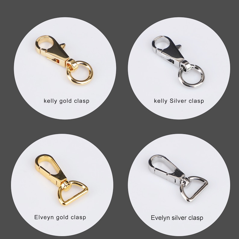 May include: Four different types of metal clasps for bags. The top left clasp is gold and has a round ring. The top right clasp is silver and has a round ring. The bottom left clasp is gold and has a D-shaped ring. The bottom right clasp is silver and has a D-shaped ring.