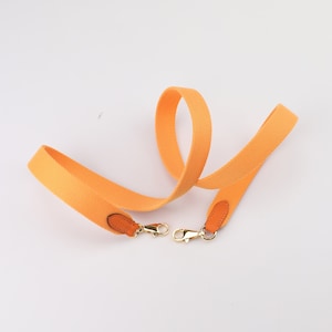 May include: A bright orange canvas strap with brown leather accents and gold metal clasps. The strap is designed for a bag or purse.