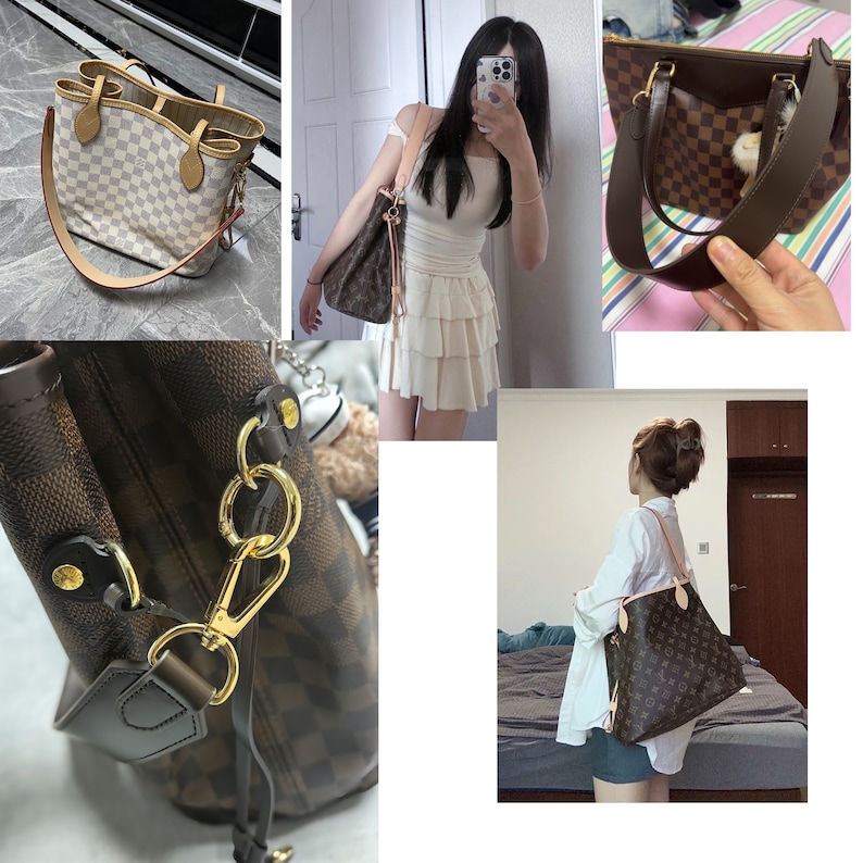 May include: A collection of brown and tan designer handbags with a checkered pattern. The handbags have gold hardware and leather straps.