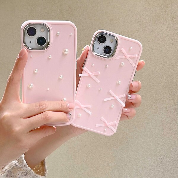 CCC Korean Kawaii 3D Pearl Bow Knot Phone Case For Iphone 13Pro 14ProMax 11 12 13 14 Pro Max 15 15Pro XR 7 8 Plus 14Pro 13ProMax Cover Soft