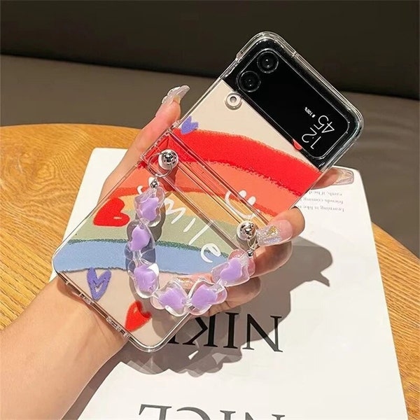 CC Kawaii Korean Heart Rainbow Star Bracelet Case For Samsung Galaxy Z Flip 4 5 3 5G Z Flip5 Flip4 Zflip3 Clear Hard Cover
