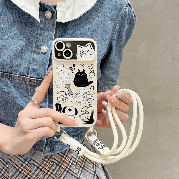 CCC Kawaii Korean Full Screen Graffiti Cartoon Dog Case with Portable Hand Strap For iPhone 15 14 13 12 11 Pro Max Shockproof Cover