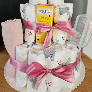 Diaper cake girl | Baby party diaper cake | Baby gift | Baby shower | Diaper cake girl | with pacifier, burp cloth and baby cream