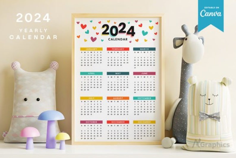 Colorful 2024 One Page Calendar Template, Whole Year 12 Month Calendar
