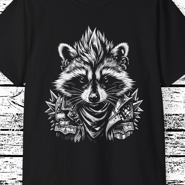 Punk Rock Raccoon T-Shirt, Edgy Animal Band Tee, Spiked Jacket Critter Top, Unisex Heavy Metal Raccoon Shirt, Wild Urban Beast Tee