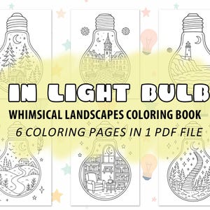 May include: A coloring book titled "IN LIGHT BULB" with whimsical landscape designs inside light bulb shapes. The book includes 6 coloring pages in a PDF file. The designs include a house in a forest, a town with a clock tower, and a lighthouse.