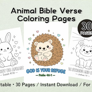 以下が含まれることがあります： 動物聖書の一節ぬりえページ。ウサギ、ハリネズミ、ライオンが描かれています。各動物は、聖書の詩を伴うぬりえスタイルで描かれています。画像には「30 PAGES」と「Printable • 30 Pages / Instant Download / For Kids」という文字が含まれています。