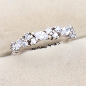 Alternating Marquise Round Moissanite Wedding Band, 14K Gold Eternity Ring