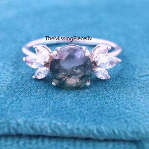 Natural Moss Agate Engagement Ring Round Moss Agate Wedding Ring Dainty Ring Art deco Ring Sterling Silver Ring Gold Promise Ring for Women