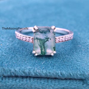 Delicate Emerald Cut Natural Green Moss Agate Engagement Ring, Dainty 14k Rose Gold Sterling Silver Ring, Nature Inspired Ring, Promise Ring