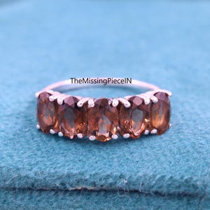 Natural Smoky Quartz Oval Gemstone Half Eternity Band Ring, Sterling Silver, June Birthstone Gift