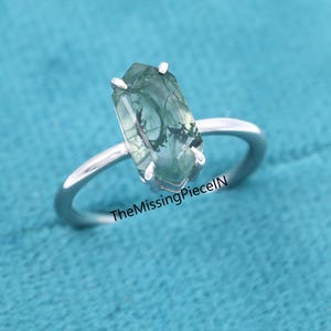 Natural Moss Agate Ring, Hexagon Cut Minimalist Promise Ring, Dainty Wedding & Engagement Ring For Women, Nature Ring, Anniversary Gift