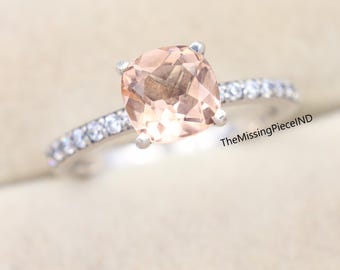 Cushion Cut Simulated Morganite Ring, 14K Rose Gold, Promise Ring