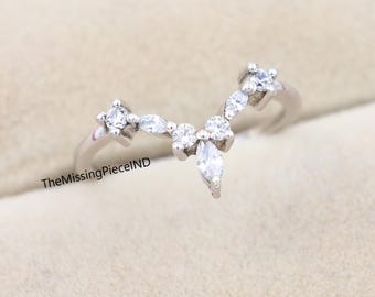 14K Gold Cluster Wedding Band, Marquise & Round Cut Cubic Zircon Half Eternity
