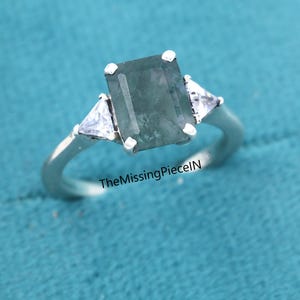 Emerald Cut Natural Moss Agate Engagement Ring Vintage Solid Yellow Gold Gemstone Ring Moissanite Three Stone Ring Bridal Anniversary Ring