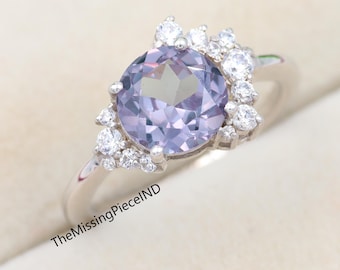 Alexandrite Round Cut Ring, June Birthstone 925 Sterling Silver Ring, Color Change Wedding Ring, Engagement Ring, Promise Ring, Gift for Her