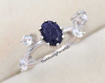Nature Inspired Blue Sandstone Ring, 14K Solid Gold Art Deco Gemstone Ring