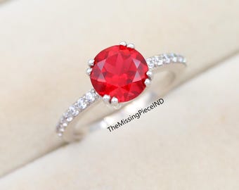 Sterling Silver Round Ruby Engagement Ring, Dainty Stackable Anniversary Gift