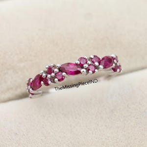 Marquise Ruby & Diamond Ring Ruby Diamond Wedding Ring in 14K Solid Rose Gold Ring Alternating Ruby Gemstone Ring Stacking Ring Gift For Her