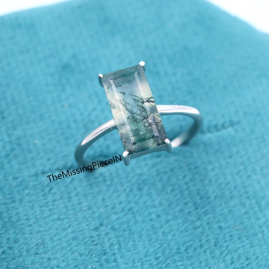 Bague En Argent 925 Avec Agate Mousse Naturelle - Taille 8,25 (US/Canada) - Modèle Solitaire AGR118
