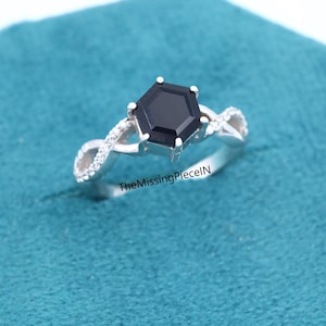 Hexagon Cut Natural Black Onyx Ring, Engagement Ring, Diamond Ring, Unique Twisted Ring, Black Gemstone Ring, Promise Ring, Anniversary Gift