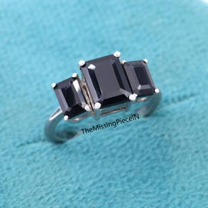 Emerald Cut Black Onyx Ring, Sterling Silver Three Stone, Anniversary, Statement, Promise, Gift For Her