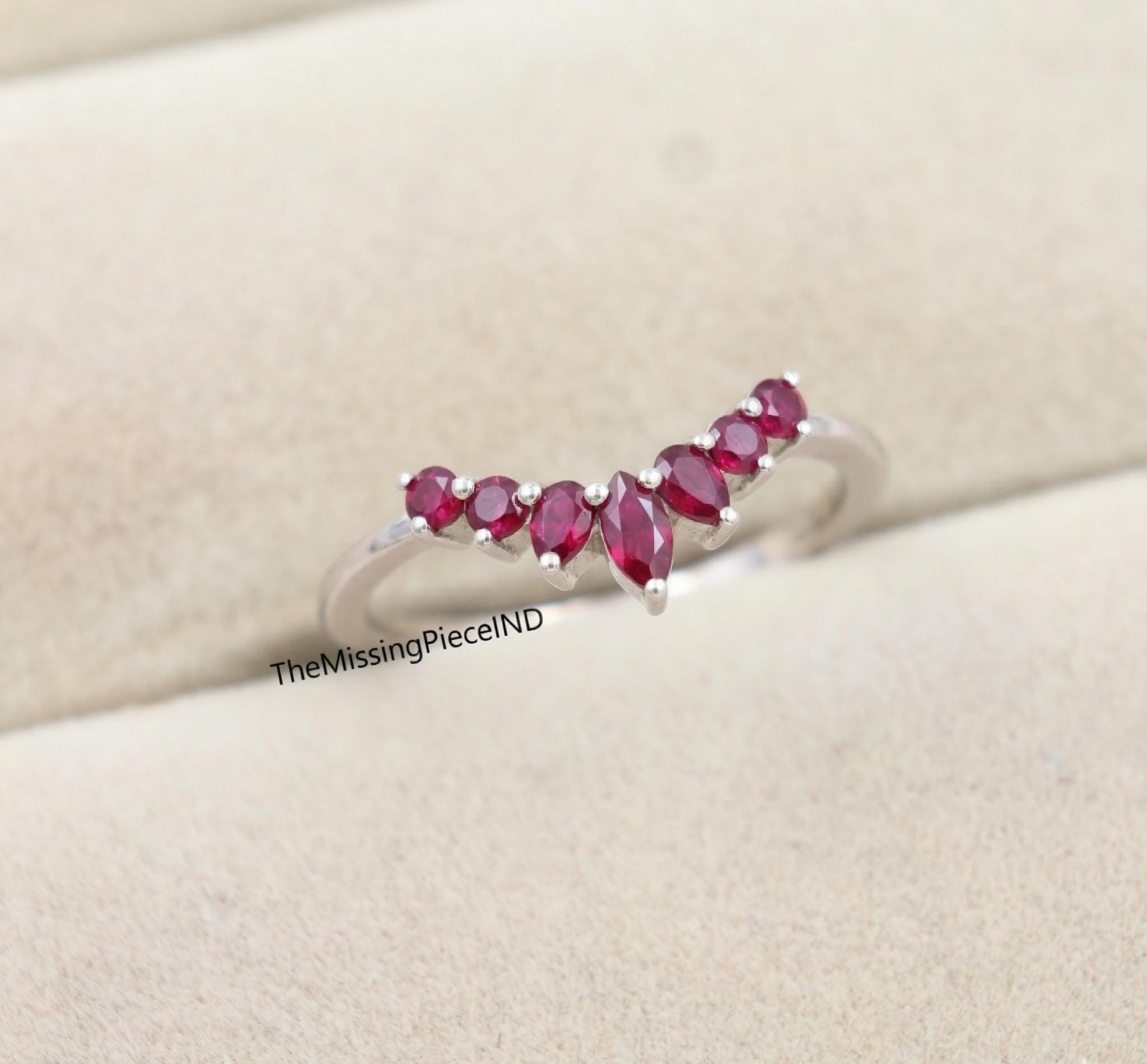 14K Solid Gold Marquise Ruby Band Ring, Minimalist Stacking Wedding Band