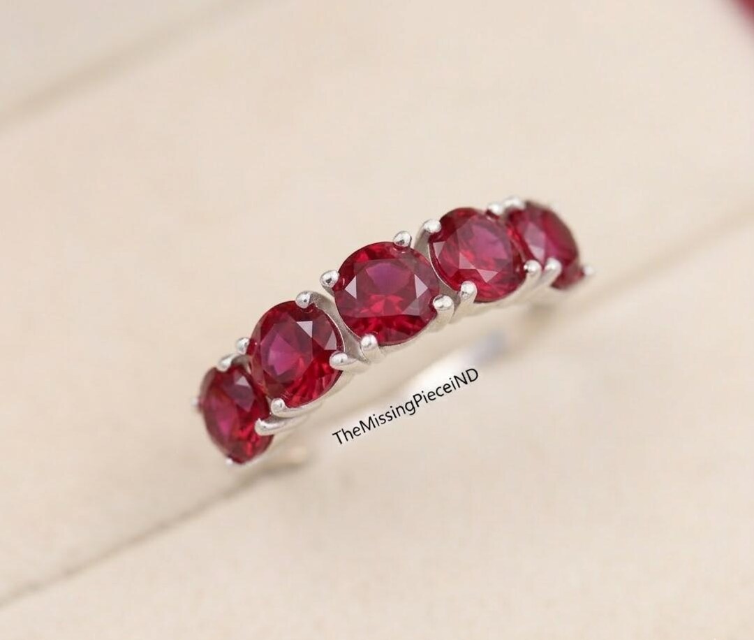 Round Cut Ruby Half Eternity Band, 14K Solid Gold Anniversary Ring - Etsy