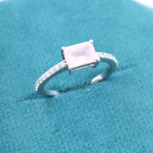 Rose Quartz Engagement Ring, Emerald Cut Vintage Ring, Engagement Cluster Ring, Moissanite Bridal Ring, Promise Ring, Anniversary Ring, Gift