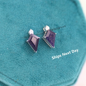 Galaxy Sandstone Earrings, Unique Kite Shaped Blue Sandstone Earrings, Sterling Silver Earrings Studs for Woman, Everyday Earrings