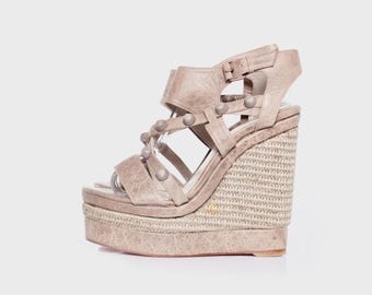 Balenciaga Arena Studded Strappy Raffia Espadrille Wedge