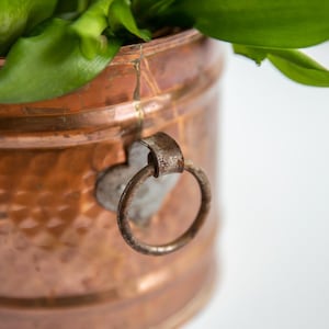 Puede incluir: Una maceta cilíndrica de cobre con textura martillada y acabado pulido. El recipiente cuenta con un asa de anillo metálico sujeta a una placa en forma de corazón en el lateral. Una planta de hojas verdes es visible en la parte superior.