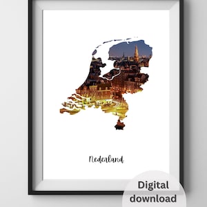 Die Niederlande Map | DRUCKBARE Wandkunst | Amsterdam Foto Digitale Kunst | Ethnische Wohnkultur | Original Holländische Stadt bei Nacht/ Europa