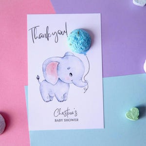 Bombe à graines à planter (forme d'hémisphère) et une carte personnalisée avec un joli éléphant - Articles de fête, cadeau de baby shower pour invités - Durable