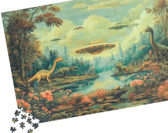 Sci-Fi Puzzle, Außerirdische Dinosaurier Fantasy Szene, Außerirdischer Liebhaber Geschenk, Schräge Sachen, Geschenk für Puzzleliebhaber, Aktivitätsgeschenk für Erwachsene