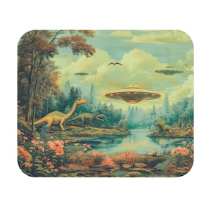 May include: A vintage-style illustration of a lush green landscape with a river, flowers, and trees. Three flying saucers hover in the sky above two dinosaurs. The scene is painted in a retro colour palette with a faded, vintage look.